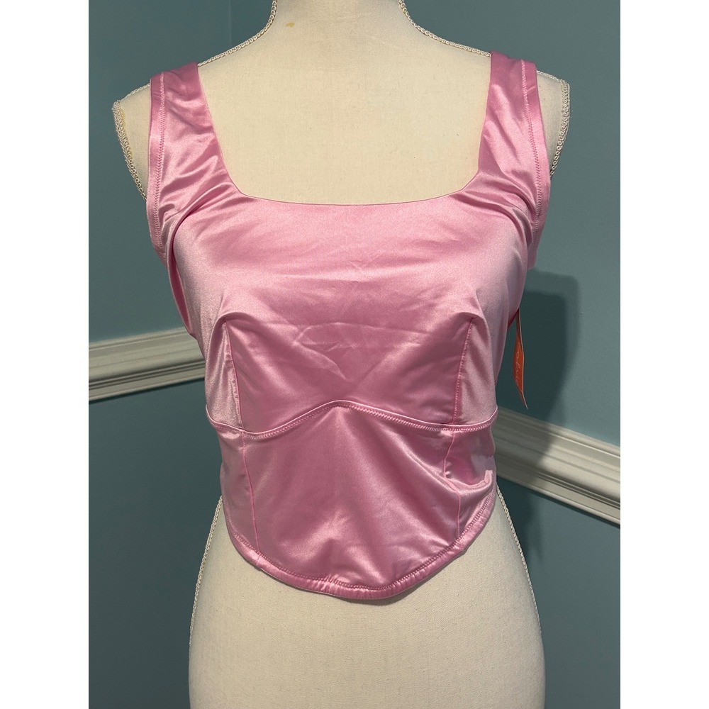 Colsie Pink Satin Corset Style Crop Top Square Neck Mesh Back 1X NWT